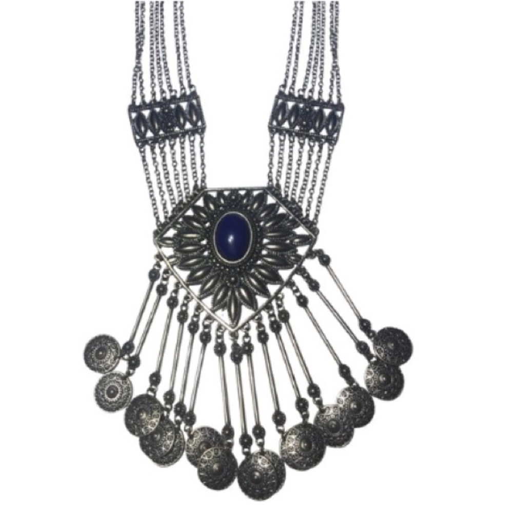 Vintage silver chain tassel blue Stone necklace